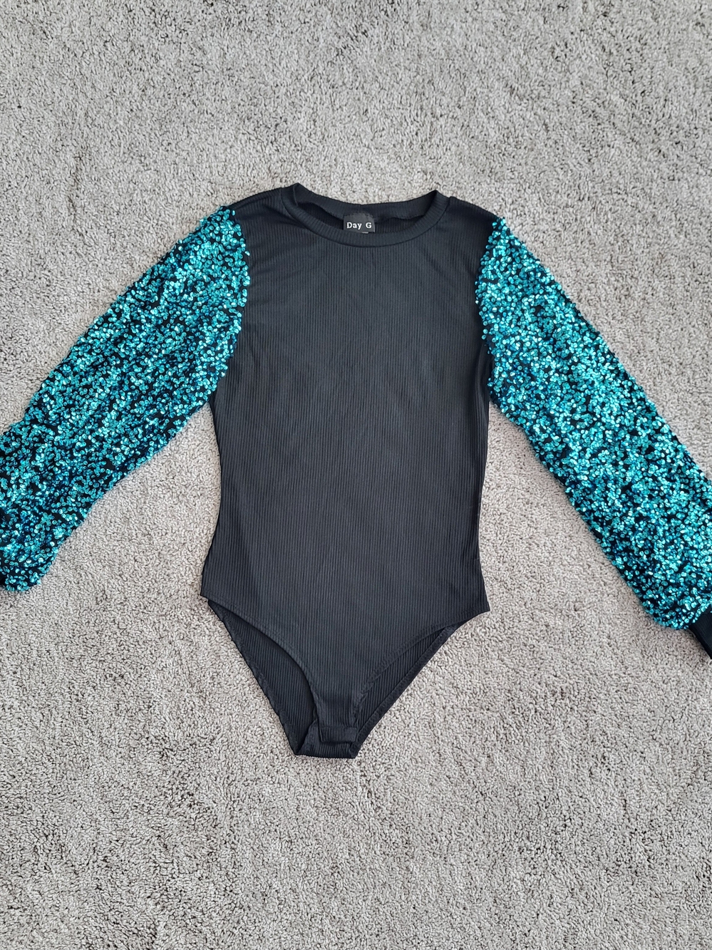 Black One-Piece with Teal Sequin Sleeves - Women's, Size S